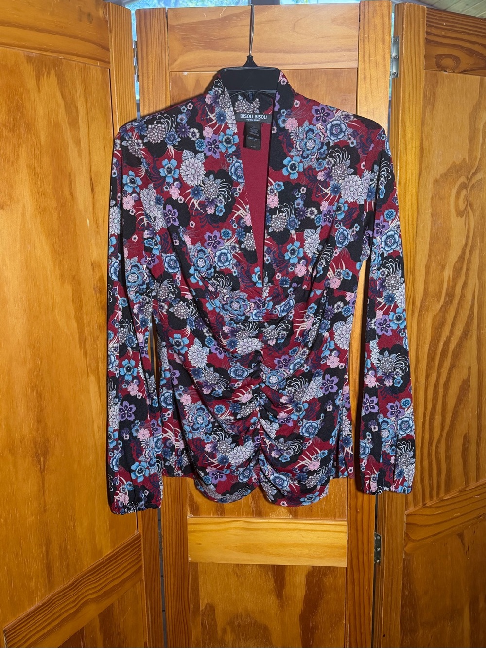 Y2K Bisou Bisou Red Mesh Dark Floral Ruched Top|Sz L|Whimsigoth, Vamp